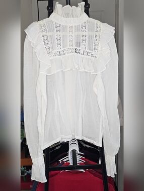 Vintage Sheer Ivory Victorian PrairieBlouse Lace Ruffle High Collar Romantic Top